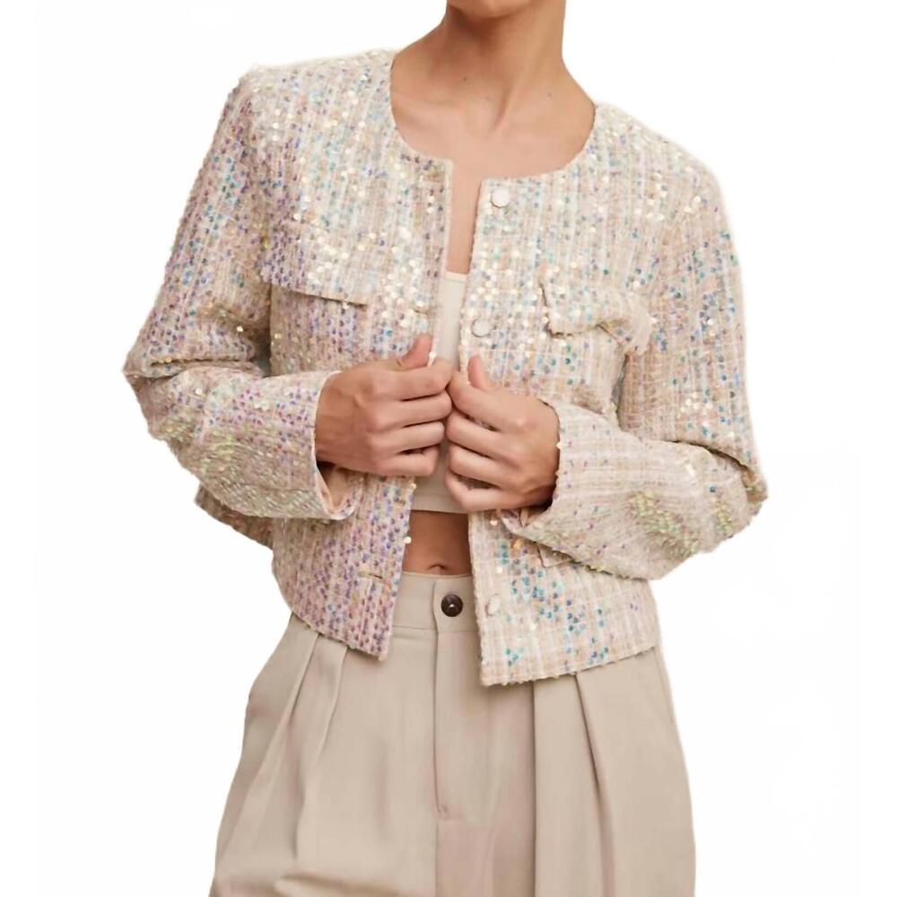 NEW LISTICLE luxe lights sequin cropped tweed jacket in beige
